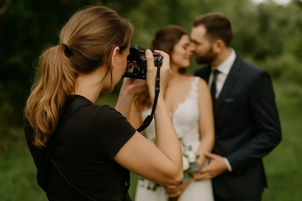 Brautpaar in Hochzeitsanzug, Brautkleid und Ringen von Dolce Vita beim Hochzeitsshooting