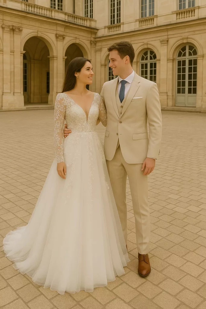 Brautpaar in Murg heiratet in Hochzeitsanzug und Brautkleid von Dolce Vita Hügelheim und Lörrach